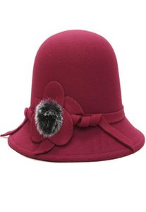 Stingy Brim Hats HT1830 Autumn Winter for Women Ladies Wool Felt Casual Flower Pälsboll Formell Fedoras Kvinnlig hink Bowler Hat5778677