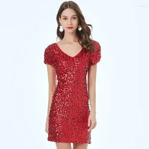 Party Dresses Womens Sexy Short Sleeve BodyCon Mini Club Dress V Neck Back Stretchy Tight Nightout Sequin Dance Costumes