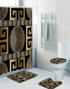 3D Luxury Black Gold Greek Key slingrande badrumsgardiner Duschgardin Set för modern geometrisk utsmyckad badmattdekor 2201257007245