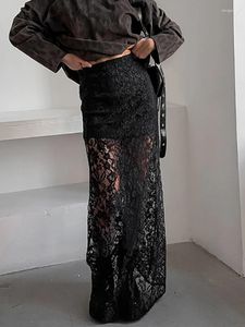 Юбки 2024 Лето сексуальные полые кружевные женщины Корейская мода с длинной черной тонкой дизайн винтаж элегантный