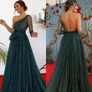 Charming Hunter Green Prom Dresses One Shoulder One Long Sleeve Sequined Tulle Backless Evening Gowns Sweep Train Dubai Arabic Formal P 278L