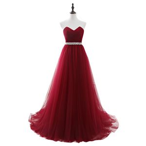 Cheap Long Tulle Burgundy Prom Dresses with Sequin Beaded Belt Strapless Corset Evening Gowns Lace up Back Senior Formal Party Dress 230N