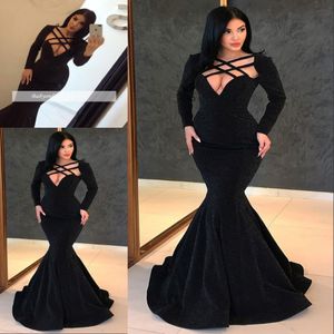 Sexy Black Prom Dress Mermaid Long Sleeve Sheath Formal Party Gown Custom Made Cross Front Pagent Dresses 301K