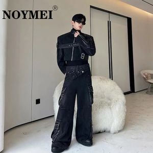 Noymei fashionabla män denim Två stycken Set Solid Color Autumn Winter Black Cargo Wide Leg Jean Short Jacket WA3035 240426