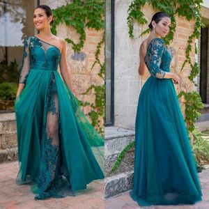 Chylka koronkowa sukienki druhny jedno ramię w linii Sheer Long Rleeve Plus Size Maid of Honor Suknie Prom Dress 294R