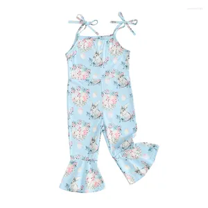 Kläduppsättningar Småbarn Girls Romper Jumpsuit ärmlös Spaghetti Rem Easter Egg Print Bell Bottom