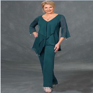 V Neck Long Sleeves Irregular Plus Size Floor Length Mothers Suits Custom Made Dark Green Chiffon Mother Of The Bride Suits Pants 295S
