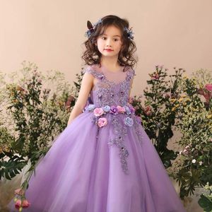 Luxurious 3D floral Flower Girl Dresses Ball Gown Sheer Neck Crystals Organza Lilttle Kids Birthday Wed Long Girls Pageant Gowns Formal baby Party Communion Dress