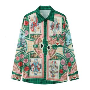 Vintage Playing Card Print Contrasting Color Print Long Sleeve Shirt Holiday Casual Dress Blouse Clothes Men Hawaiian Shirt 240506