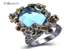 Fantastyczne duże niebieskie kryształowe pierścienie modne biżuterię czarne platowane szybka wysokiej jakości biżuteria duża pierścień kwiat 82385106272512
