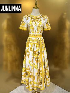 Parti Elbiseleri Junlinna Moda Sarı Pocelain Baskı Elbisesi İlkbahar Yaz Kadınlar Pamuk Vintage Vintage Vintage Hight Street