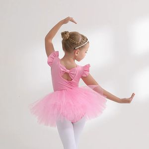 Balettklänning Gymnastics Leotards for Girls Kids Puff Sleeve Ballet Dancewear Chiffon Tutu kjolar Kids Bowknot Dance Leotards 240510