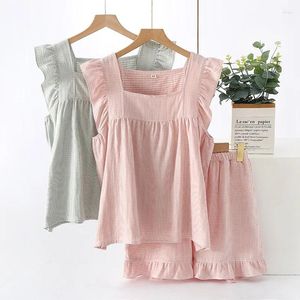 Домашняя одежда EST Summer Cotton Double-Layer Make Women's Women's Pajamas Тонкие рукавочные жилеты Топы с шортами набором одежды