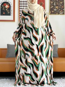 Ethnische Kleidung 2024 bedruckte Baumwollabayas für Frauen Ramadan Gebetskleidungsstück Dubai Türkei Nahe Osten Femme Robe Lose Dress Turban Joint T240510
