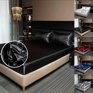 Bedding Sets Satin Solid Color Fitted Sheet Silk Feel Cool Imitation Mattress Protective Cover Modern Home Decoration Useful Things For