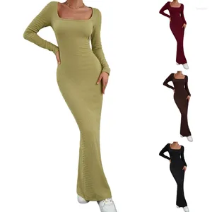 Casual Dresses Women's Long Dress Solid Sexy Square Neck Sleeve Bodycon Maxi 2024 Elegant Fall Fitted
