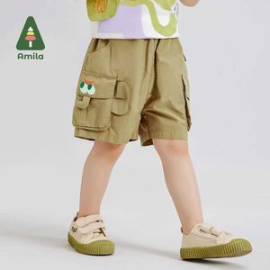 Shorts Amila 2024 Summer New Boys Bottom 100% Cotton Solid Color Cartoon Elephant Pocket Cargo Quarter Pants d240510