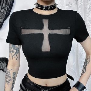 Women's T Shirts Y2K Goth Cross Lace See Through Short Sleeve T-Shirts Vintage Sexy Black Corset Crop Tops Women Summer Slim Tees Fashion