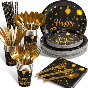 Tek kullanımlık yemek takımı 200 adet siyah ve altın doğum günü partisi malzemeleri mutlu çatal bıçak takımı bıçak çatal kaşık pipetleri
