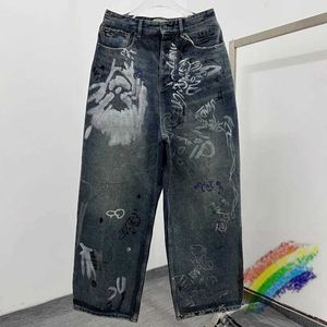 Jeans maschile graffiti tinted con cerniera dritta g-jeans pantaloni per uomini donne pantaloni lavati di alta qualità H240508