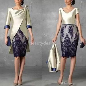 Charming Two Pieces Short Mother of the Bride Dresses 1 2 Sleeves Lace Mother of the Groom Dresses Sheath Evening Gowns DD 205O