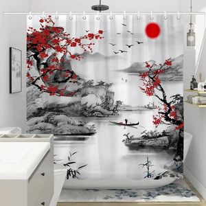 Shower Curtains Curtain Red Plum Blossom Branch Japanese Chinese Oriental Sun Misty Mountains Ink Nature Landscape Bathroom