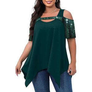 Camisas de verão femininas plus size s-6xl de manga curta lantejoulas lantejas de pescoço tampas de ombro frio blusas de camiseta básica