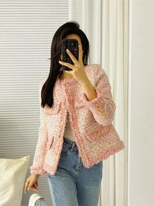 Damenjacken Herbst und Winterqualität rosa modische Streetwear O-Neck-Kragen echte Woll Tweed Quasten Frau Jacke elegante Damen