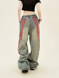 Kvinnors jeans 2024 Trashy Y2k Streetwear Old Red Striped Baggy Pants for Women 90s Clothes Vintage Straight Wide Lad Lady Loose Trousers