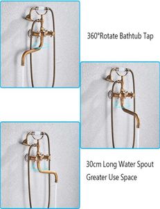 Torneiras de chuveiro de banheira de latão antigo Conjunto de botões duplos misturador de torneira banheira montada na parede Tuba giratória Long Spout7330228