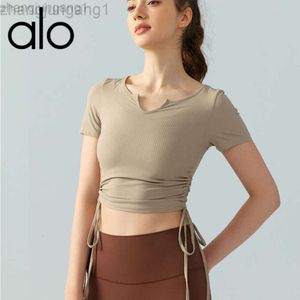 Desginer Als Yoga Aloe Shirt Clothe Woman Drawstring Top Semeved Womens Breseable Fitness Tシャツランニングタイトスリミングスーツ