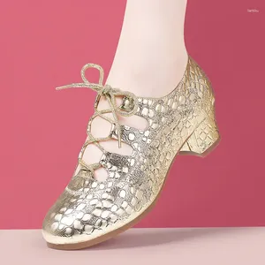 Dance Shoes Summer Women's Patent Leather SoftSole Women Fashion Lace Up Stone Pattern Shiny Ethnic Heels