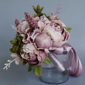 Свадебные цветы Европейский винтажный свадебный букет искусственный пыльный пыльный пион -фальшивый сочный сочный растение кружевная лента подружка невесты