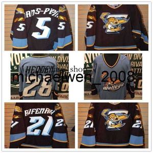 Vin Weng New Campaintize ECHL 2010-11 Толедо Уоллиз 28 Майк Хедден 5 Саймон Данис Пепин Мужчина Женщины Дети Лучшее качество дешевые хоккейные майки ворот.