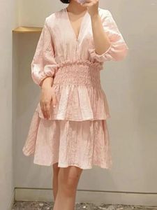 Vestidos casuais Mini vestido de cintura feminina 2024 Spring Ladies Sweet V-Puff Sleeve Sleeve Robe Short