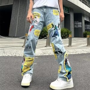 Ropa Grunge Y2K streetwear workowane ułożone w stos dżinsowe spodnie Mężczyźni odzież graficzna haft hip hop dżinsowe spodnie Pantelon 240511