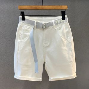 Vita shorts män mode streetwear knä längd Bermuda bomullsfiber Jean 240506