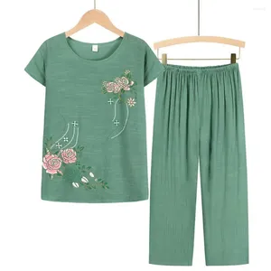 Hemkläder Summer Women Homewear Set Short Sleeve Floral Print T-Shirt Pants Loose Two Piece Outfit för medelålders