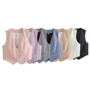 Women Fashion Front Buttons Cropped Waistcoat Vintage V Neck Sleeveless Female Outerwear Chic Tops