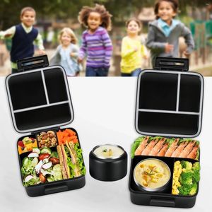 Servis barn Bento Lunch Box Set - Svartisolerad väska 8oz sopptermo läcktät behållare med 5 fack burk