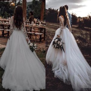 Princess Fairy Country Wedding Dresses 2021 Long Sleeve Backless Lace Tulle Bohemian Illusion Beach Bride Reception Gown Robes 2997