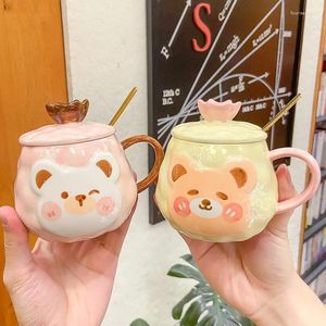 Mugs Bear Ceramic Mug With Crown Lid And Spoon Durable Cartoon Cute Animal Pattern Cup For Milk Coffee Tea Juice Kids