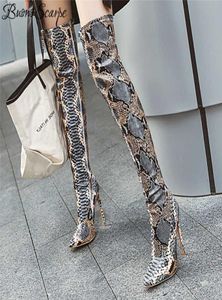 Buono scarpe impressão animal feminino coxa botas altas sexy por cima da estampa de cobra de joelho BOTAS BOTAS MUJER FINAR BOTAS LONG LONGE