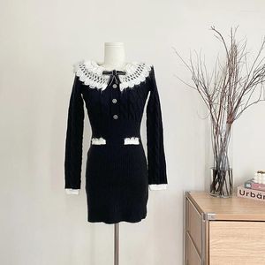 Casual Dresses Lace Stitching Knitted Black Dress Women Autumn Elegant Retro Slim Long Sleeve Sweater Fashion Temperament Mini Skirt