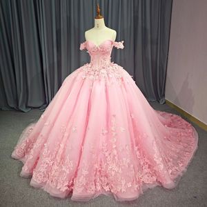 Różowa ukochana księżniczka Quinceanera sukienki 2024 Off ramy Bow Koraliki kryształowe cekiny gillter koronkowe gorset vestidos 15 anos Rosa