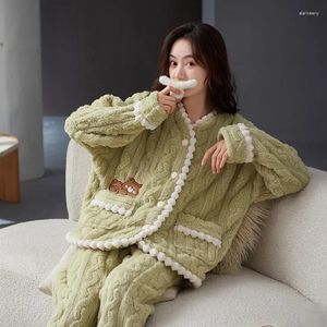 Kvinnors sömnkläder 2024 Vinter Varma pyjamas Set Flanell Cardigan V Neck Big Size 2xl Loungewear Korean Fashion Nightwear