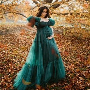 Niestandardowa odzież sutowa Green Tiul Sukienka macierzyńska Elegancka linia Lush plisowana puszysty puszyste sukienki suknie fotograficzne Baby Shower 257i