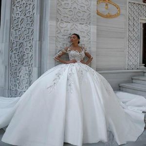 2022 Plus Size Arabic Aso Ebi Luxurious Lace Beaded Wedding Dress Sheer Neck Long Sleeves Satin Sexy Bridal Gowns Dresses ZJ630 250J