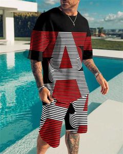 Herrspårar Summer Mens Overized Dress Two-Piece Set of Retro Casual Street Clothing 3D Printed Beach T-Shirt and Shorts Q2405010