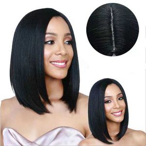 Peruca feminino de comprimento médio cabeça bobo preto cabelos curtos e retos de alta temperatura de seda fibra química de fibra de temperamento da moda Wig Set